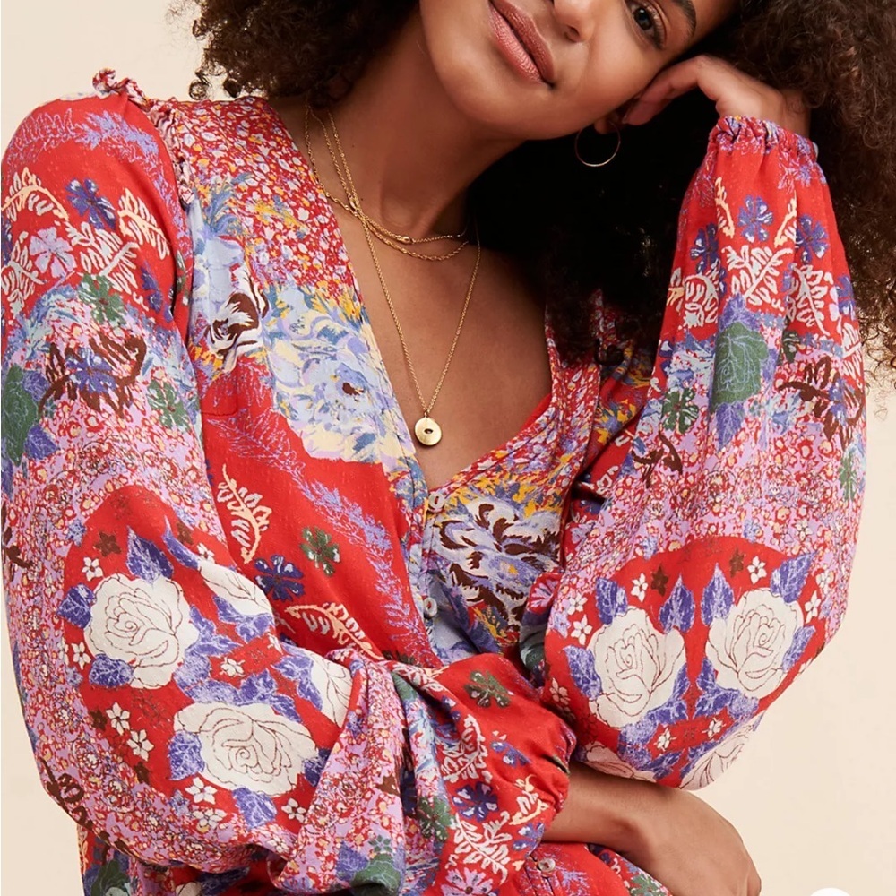 Free People Vibrant Red Floral Long Sleeve Dress - Picture 2 of 8